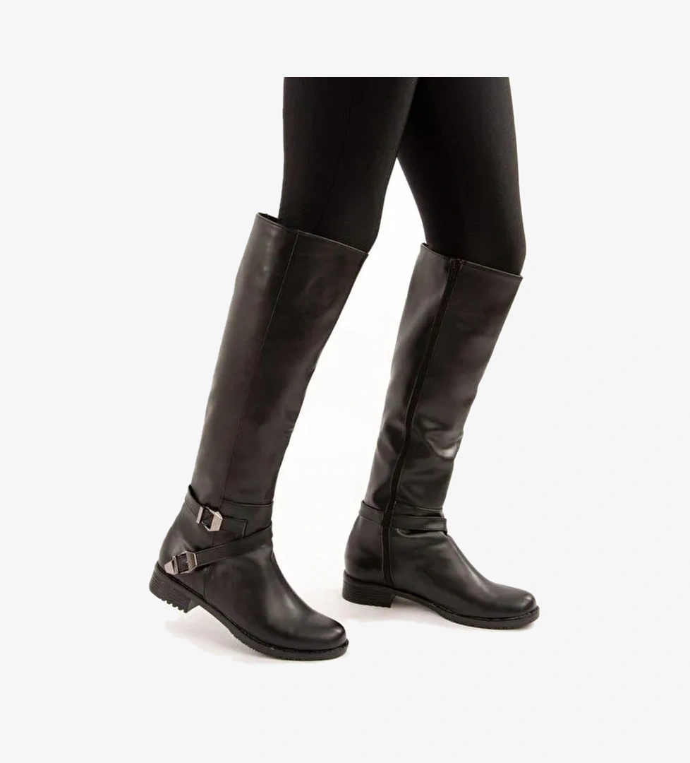 E726203409 Siyah Cilt Alçak Topuklu Kadın Çizme - Görsel 1