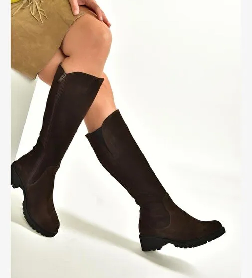 N654226102 Kahverengi Hakiki Deri Süet Günlük Kadın Çizme - Görsel 1