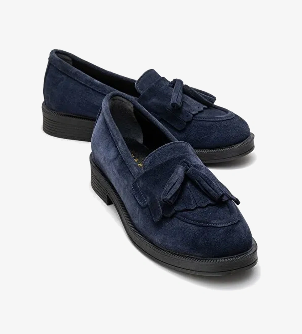 MİLİNA Lacivert Süet Püsküllü Hakiki Deri Kadın Loafer Ayakkabı - Görsel 1