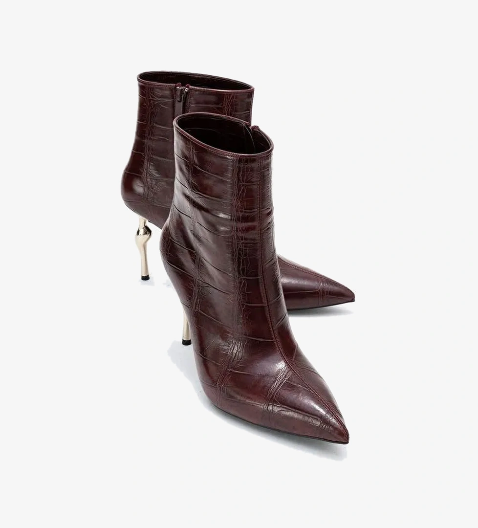 CRISTA Bordo Baskı Sivri Burunlu Kadın Topuklu Bot - Görsel 1