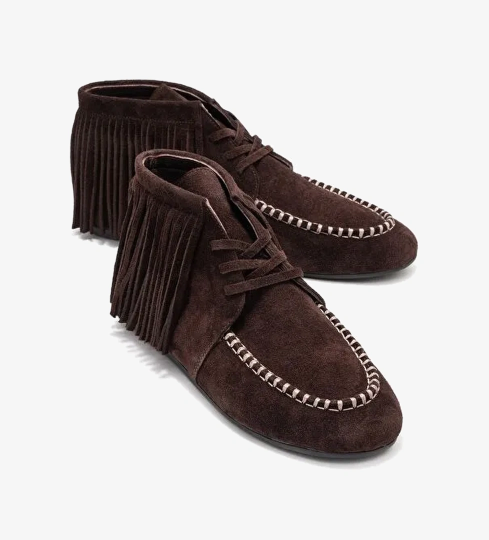 RAUX Kahverengi Süet Hakiki Deri Saçaklı Kadın Bilekte Bot - Görsel 1