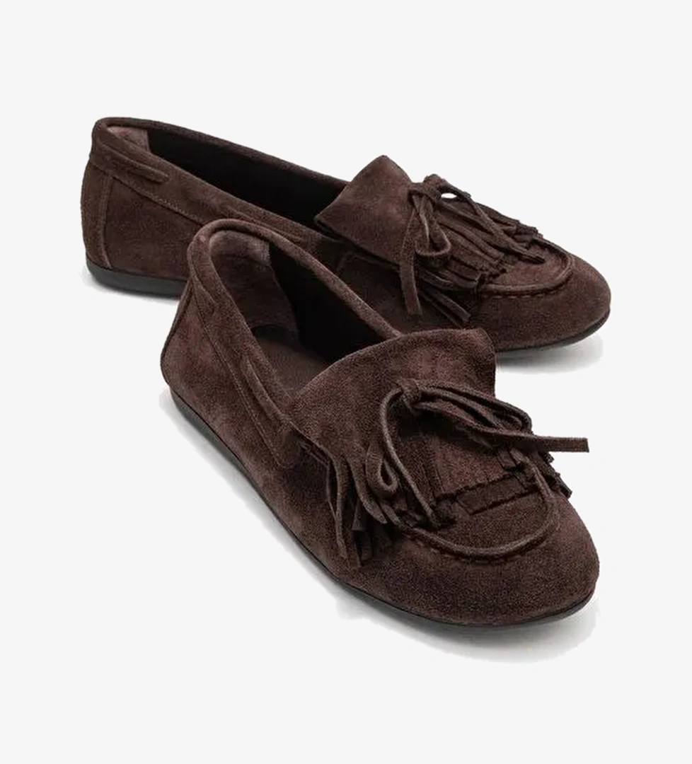 AXELI Kahverengi Süet Hakiki Deri Fiyonklu Saçaklı Kadın Loafer Ayakkabı - Görsel 1