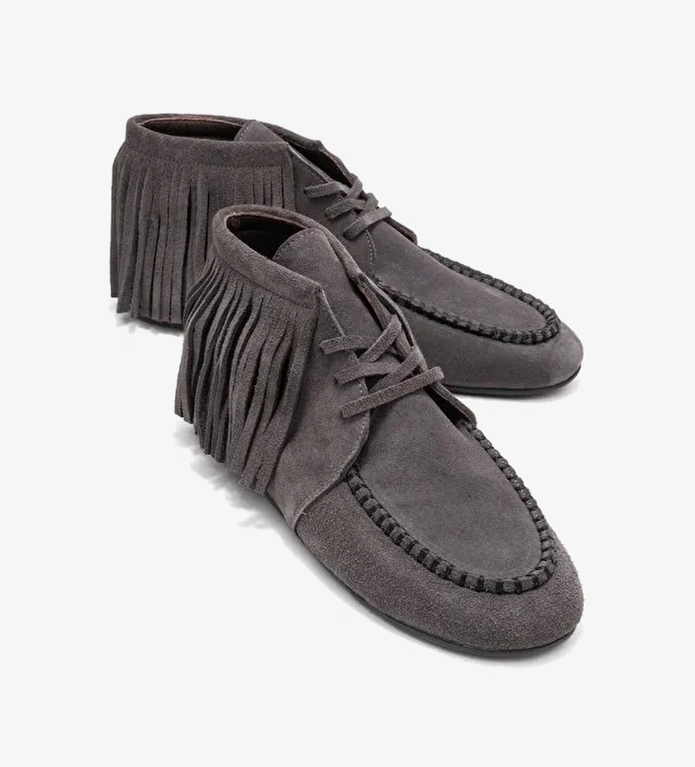 RAUX Füme Süet Hakiki Deri Saçaklı Kadın Bilekte Bot - Görsel 1