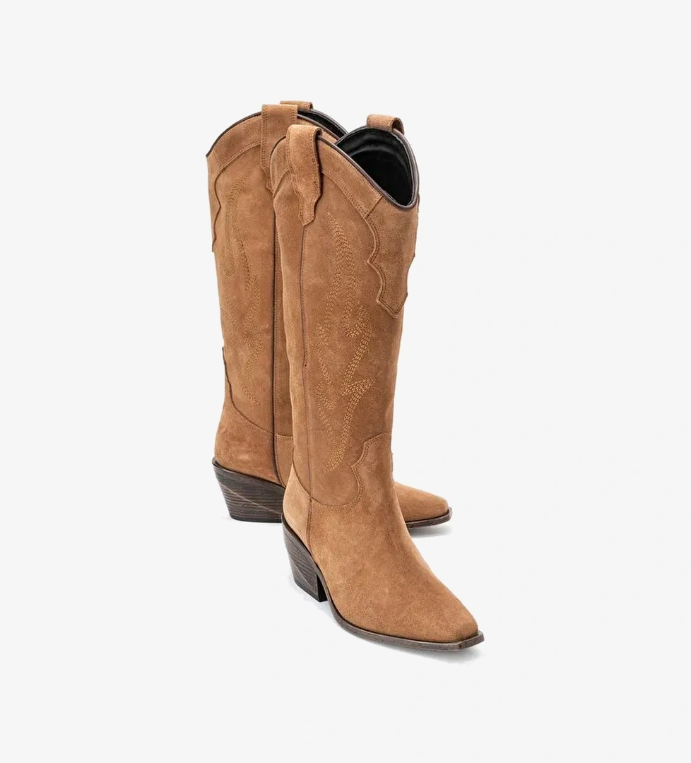 PİETRO Toprak Hakiki Deri Süet Kadın Western Çizme - Görsel 1