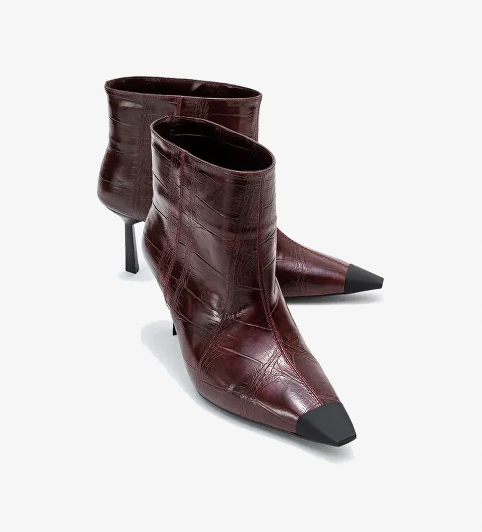 RASSEL Bordo Baskı Mat Burunlu Kadın İnce Topuklu Bot - Görsel 1