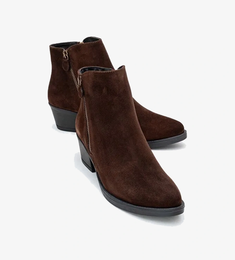 JAYER Kahverengi Süet Hakiki Deri Fermuarlı Kadın Topuklu Bot - Görsel 1