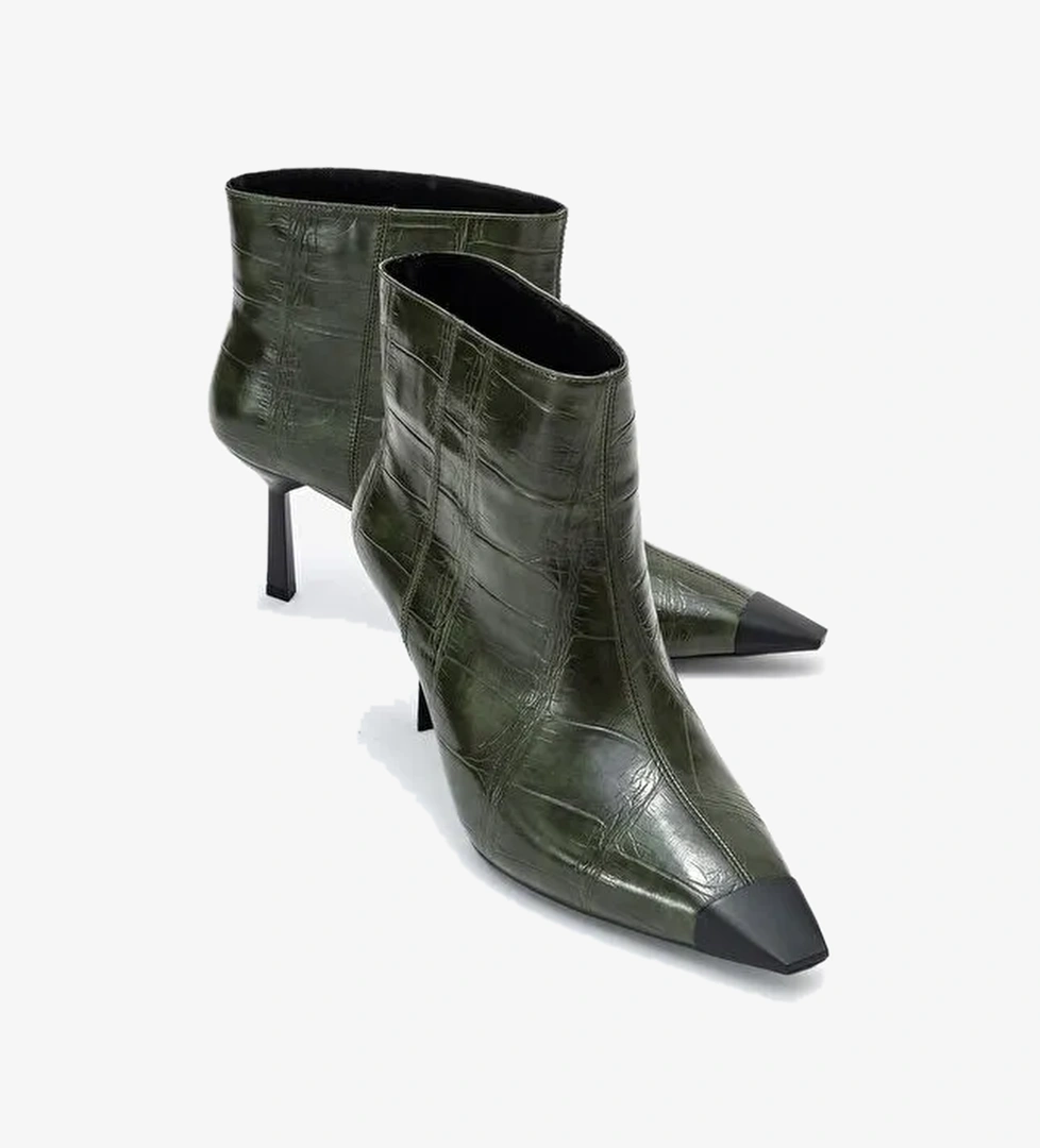 RASSEL Yeşil Baskı Mat Burunlu Kadın İnce Topuklu Bot - Görsel 1