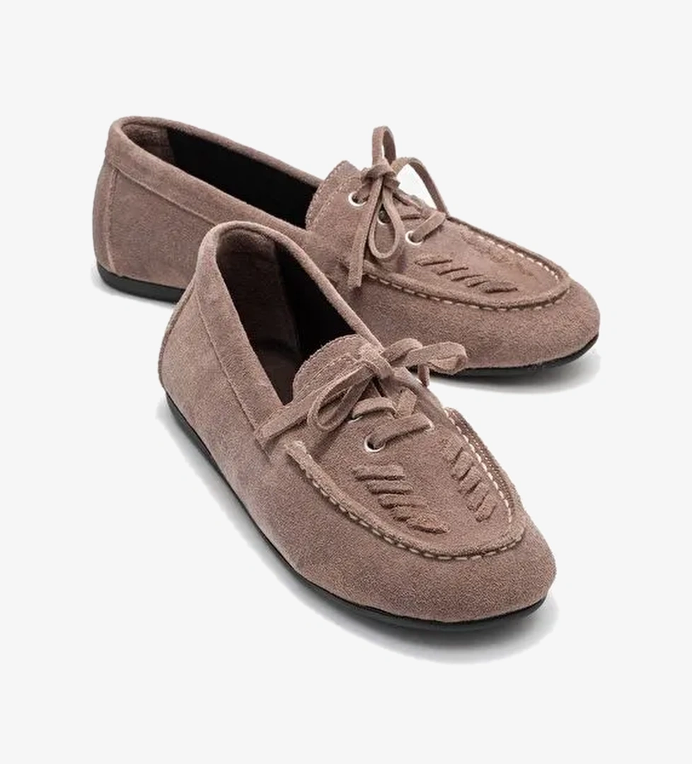 LORVEN Vizon Süet Hakiki Deri Bağcıklı Kadın Loafer Ayakkabı - Görsel 1