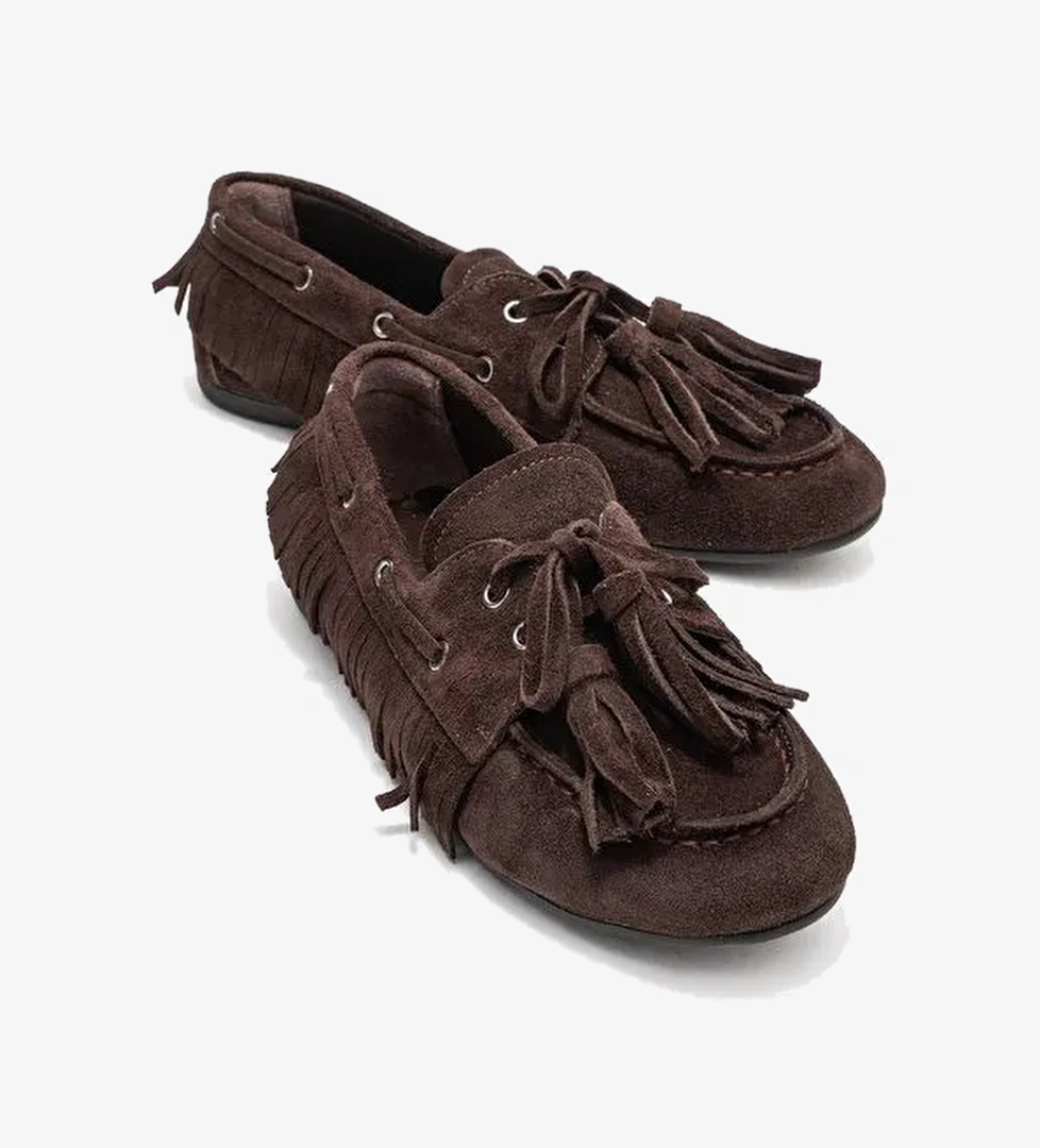FENORA Kahverengi Süet Saçaklı Püsküllü Kadın Loafer Ayakkabı - Görsel 1