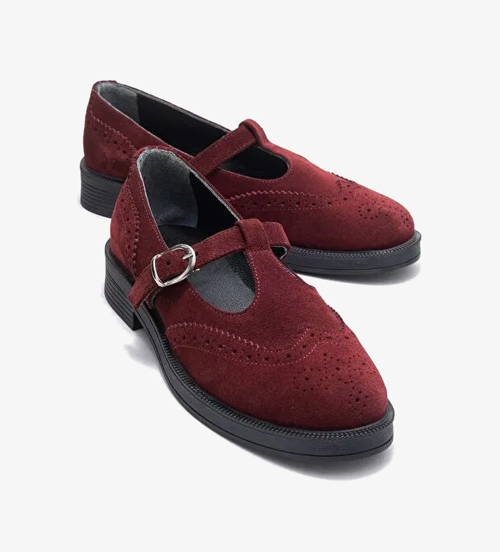 JANNEY Bordo Süet Hakiki Deri Bantlı Kadın Loafer Ayakkabı - Görsel 1