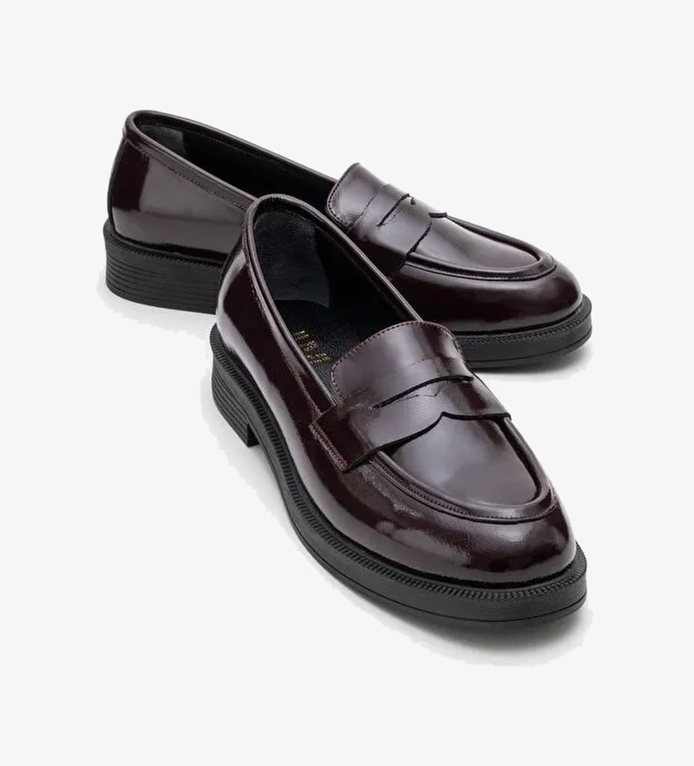 PLİNE Bordo Rugan Hakiki Deri Kadın Loafer Ayakkabı - Görsel 1