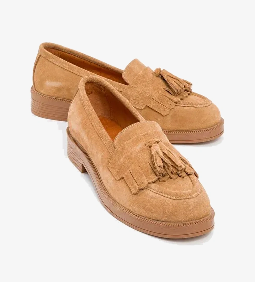 MİLİNA Toprak Süet Püsküllü Hakiki Deri Kadın Loafer Ayakkabı - Görsel 1