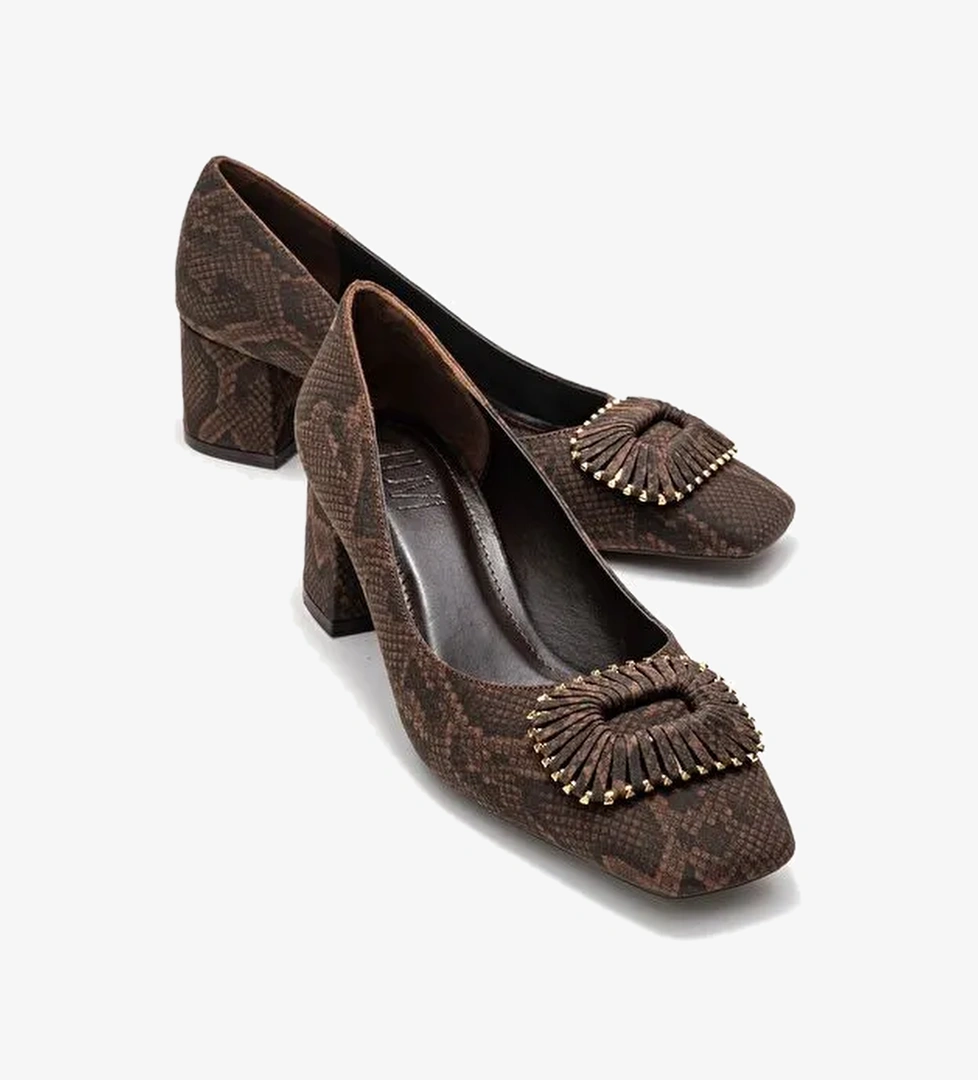 VELORA Kahverengi Desenli Tokalı Kadın Kalın Topuklu Ayakkabı - Görsel 1