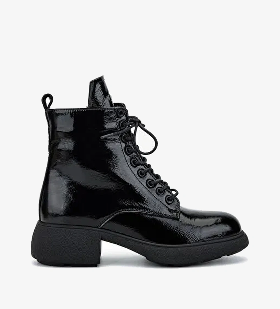 Valmenti Kadın Hakiki Deri Siyah Kırışık Rugan Düz Bot - Görsel 1