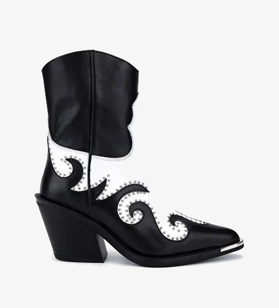 Valmenti Kadın Hakiki Deri Siyah/Beyaz Western Bot - Görsel 1