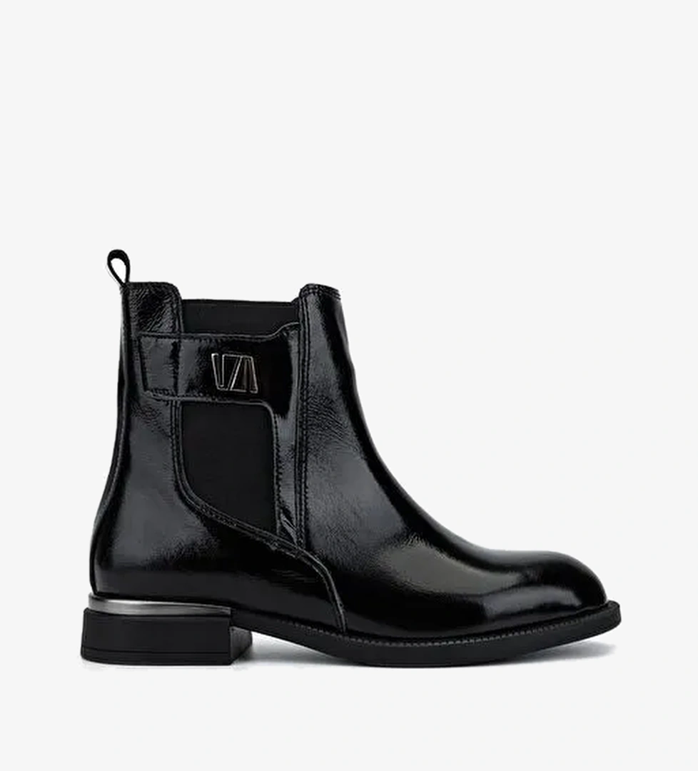 Valmenti Kadın Deri & Tekstil Siyah Rugan Düz Bot - Görsel 1