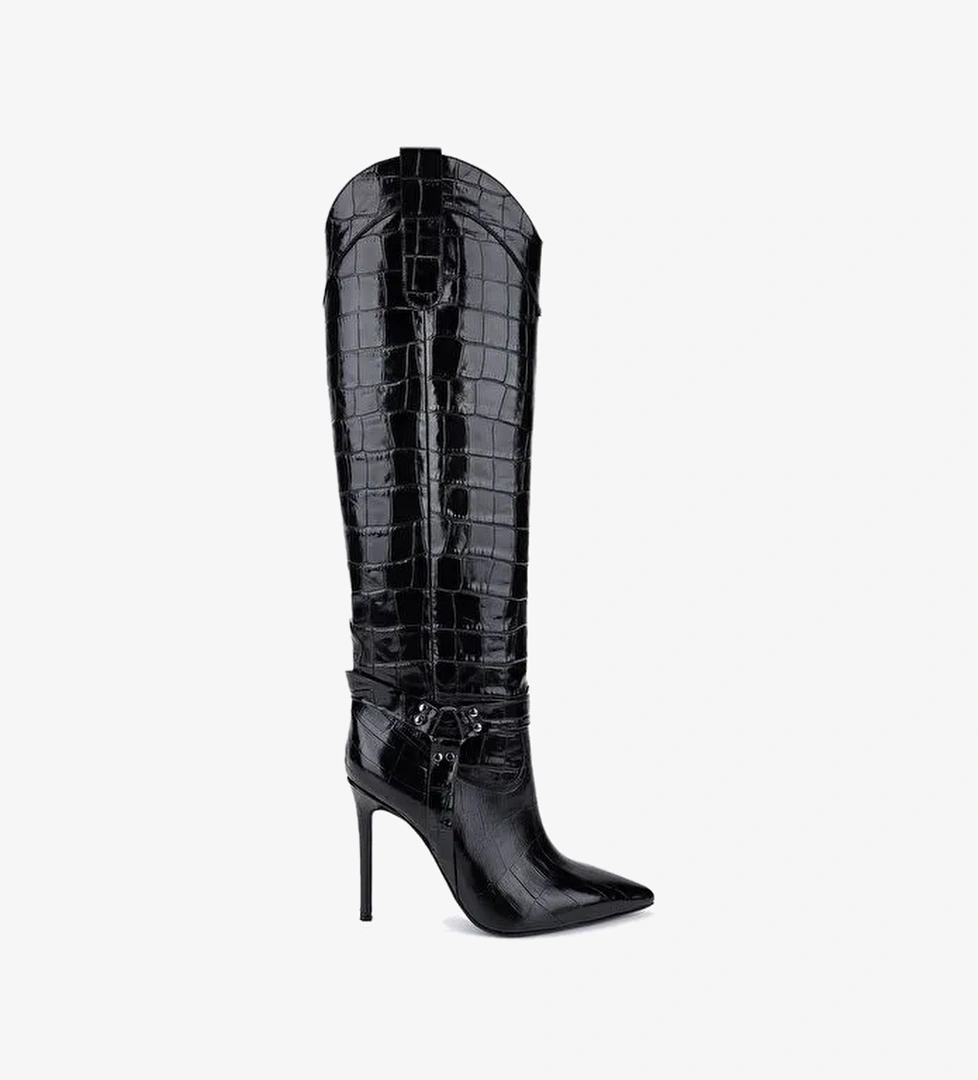 Valmenti Kadın Hakiki Deri Siyah Kroko Topuklu Çizme - Görsel 1