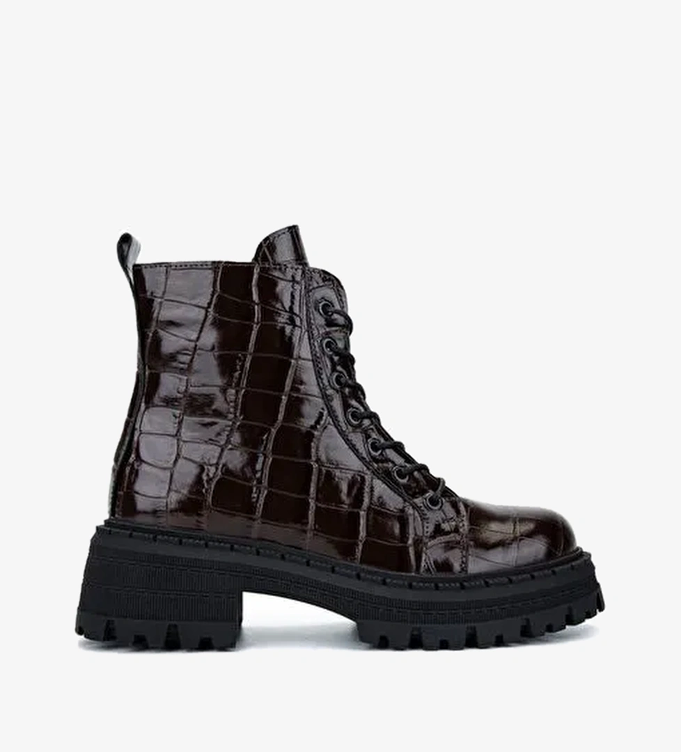 Valmenti Kadın Deri & Tekstil Kahverengi Kroko Düz Bot - Görsel 1