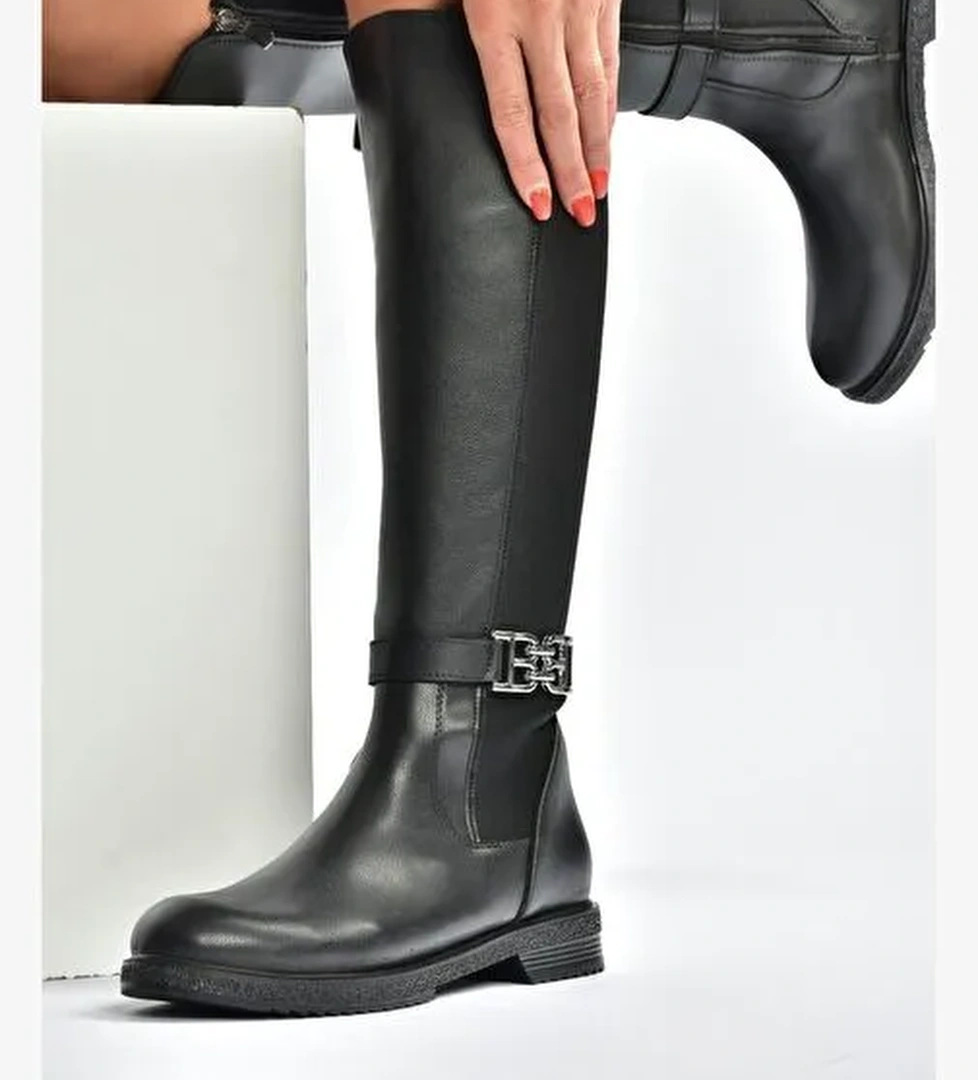 V965010109 Siyah Arkası Dalgıç Kumaş Streç Kadın Çizme - Görsel 1