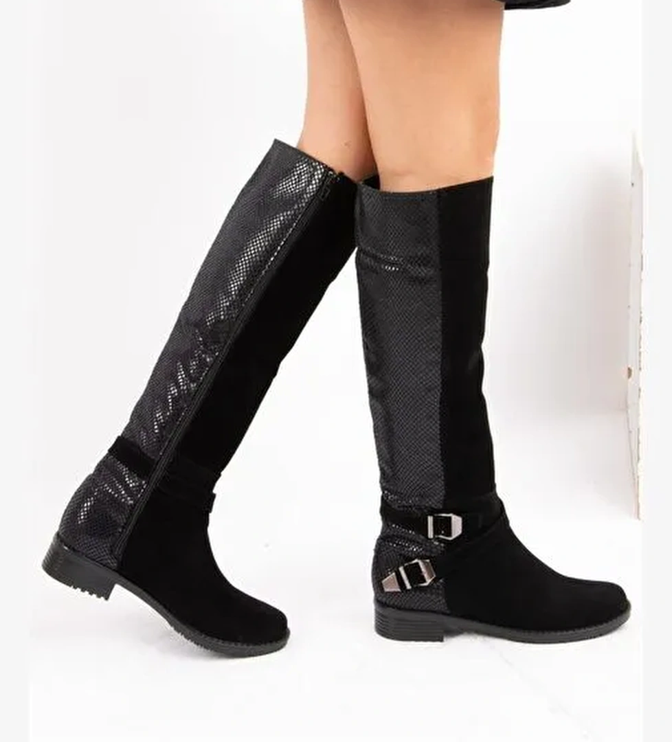 Siyah Yılan Süet Kadın Çizme E726203402 - Görsel 1