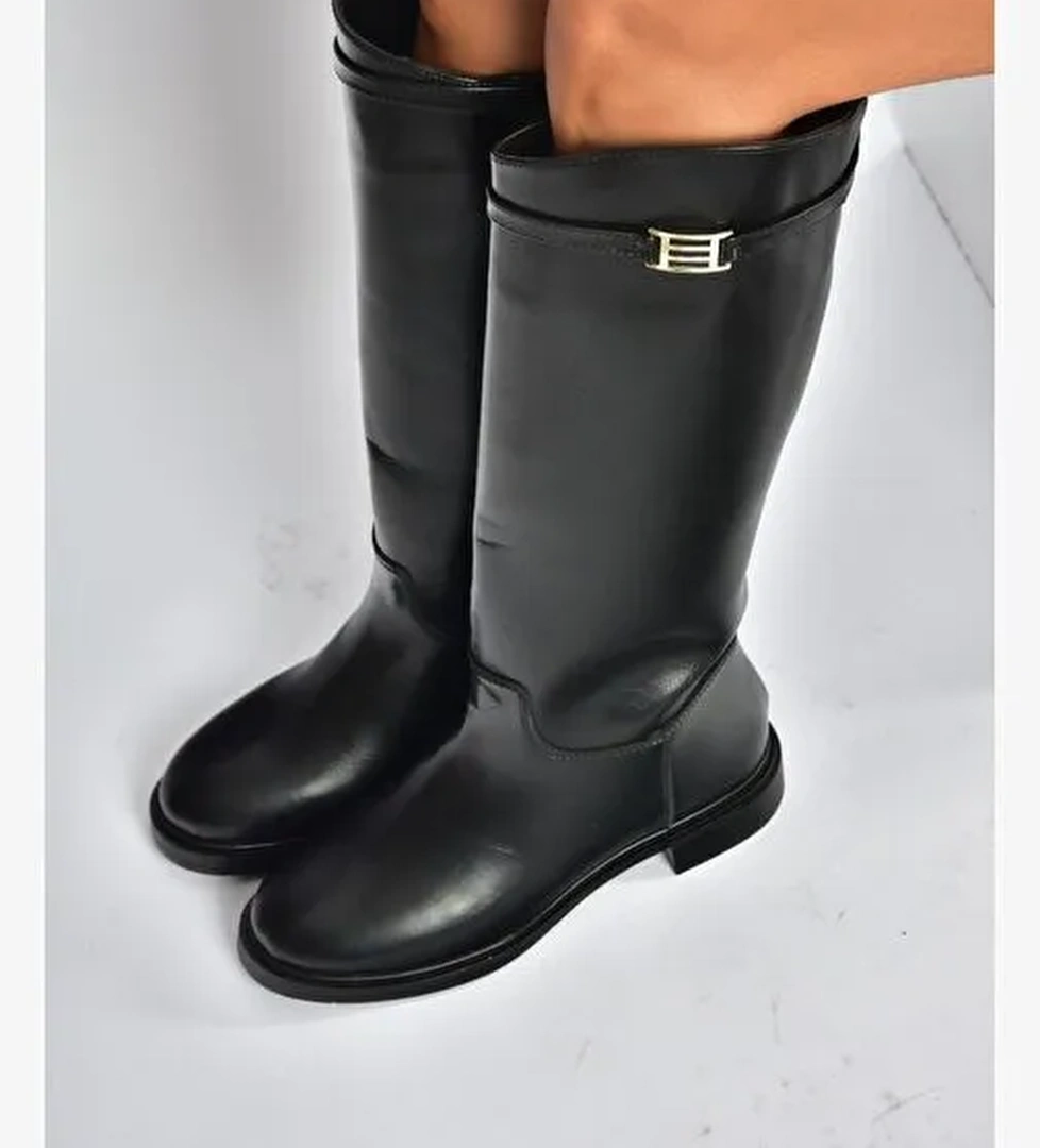 V973720909 Siyah Klasik Alçak Tabanlı Kadın Çizme - Görsel 1