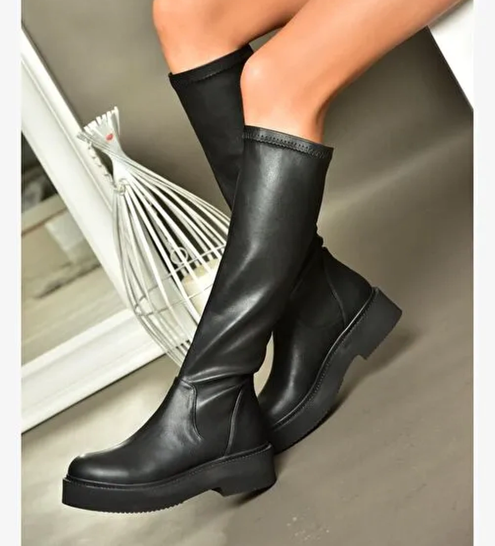 R272928209 Siyah Streç Deri Kadın Çizme