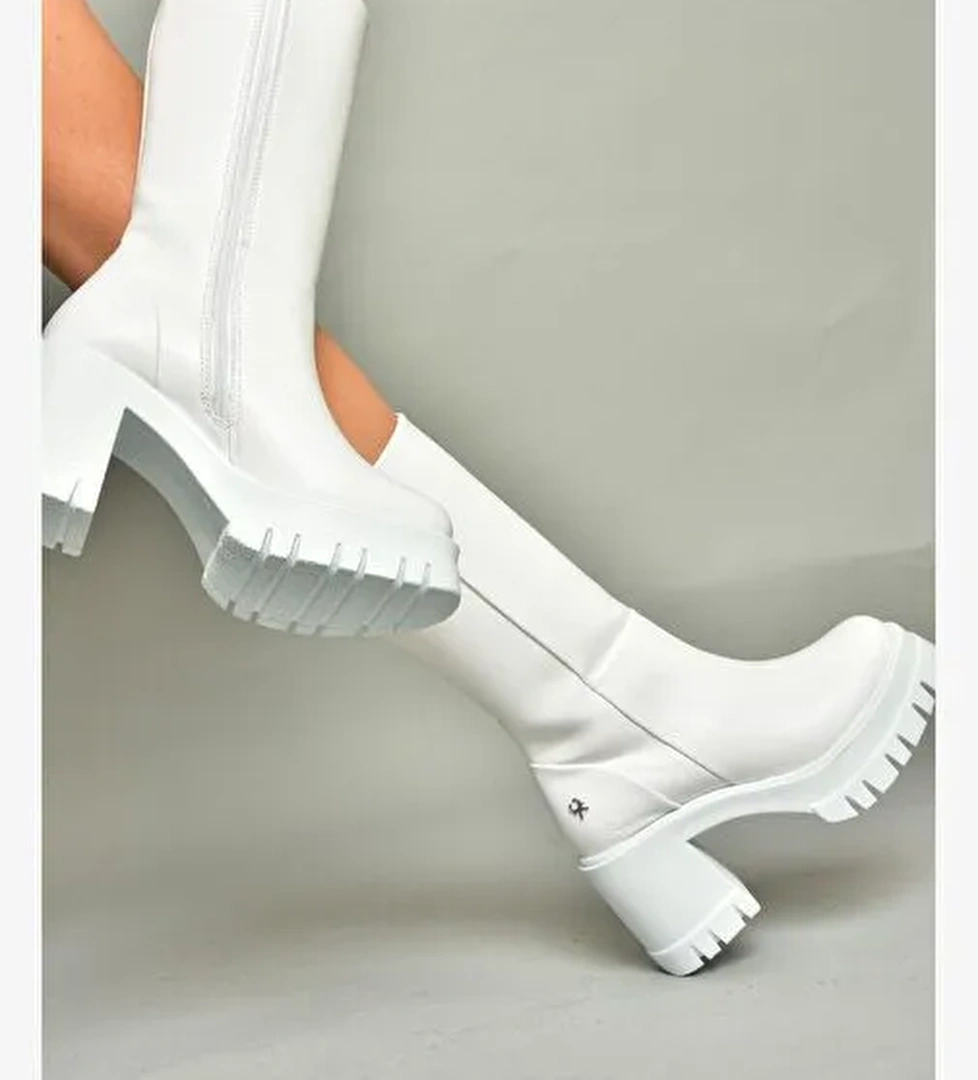 T973790109 Beyaz Kalın Topuklu Kadın Çizme - Görsel 1