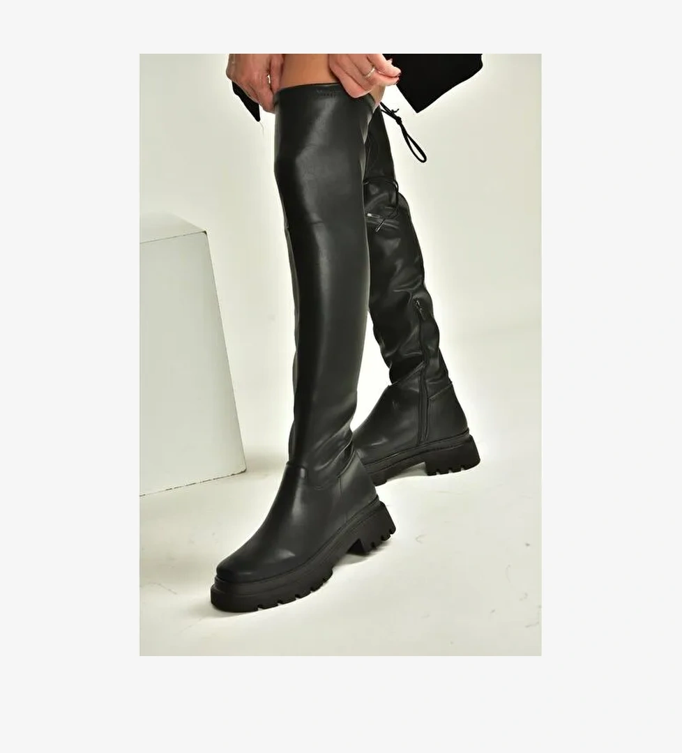 V404402009 Siyah Streç Dizüstü Çorap Çizme - Görsel 1