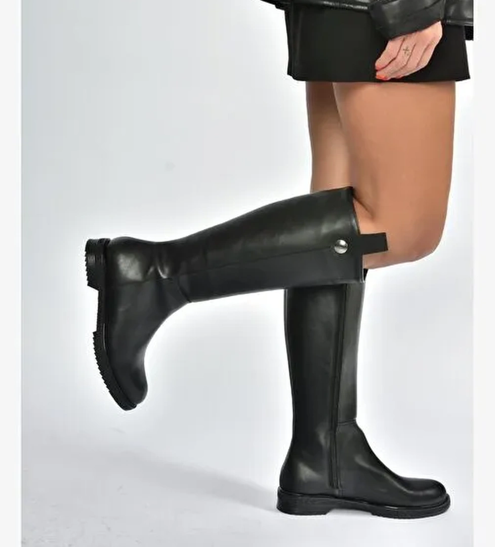 V965012009 Siyah Düz Tabanlı Klasik Kadın Çizme - Görsel 1