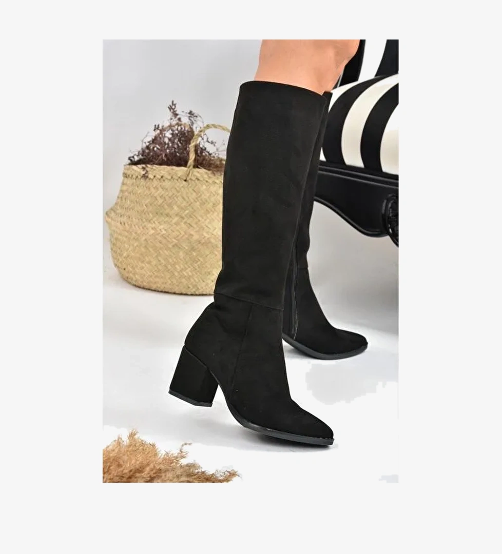 Siyah Süet Kalın Topuklu Kadın Çizme L251081602 - Görsel 1