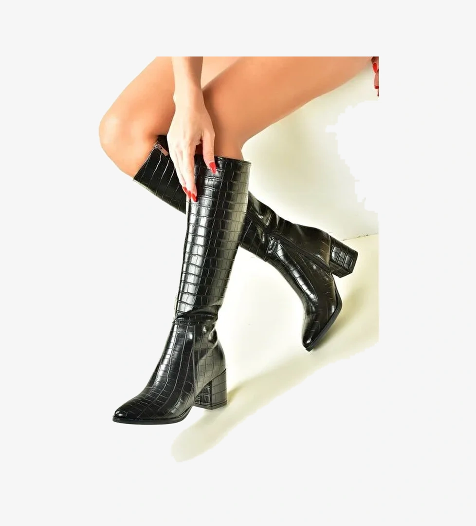 Siyah Kroko Baskı Kalın Topuklu Kadın Çizme L251081611 - Görsel 1