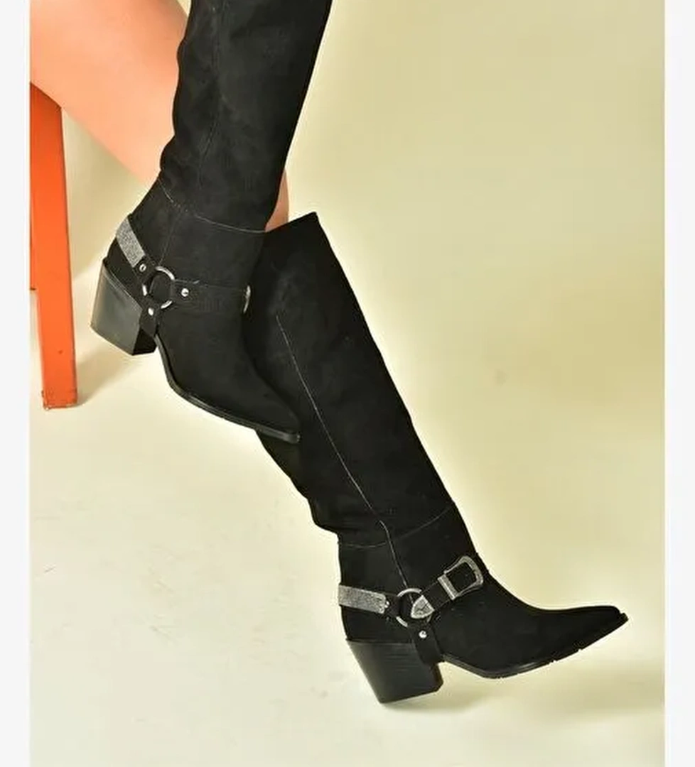 Siyah Süet Alçak Topuklu Kovboy Model Çizme N882880702 - Görsel 1