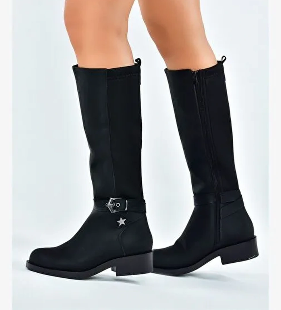 Siyah Arkası Dalgıç Streç Kumaş Kısa Topuklu Günlük Kadın Çizme G674240109 - Görsel 1