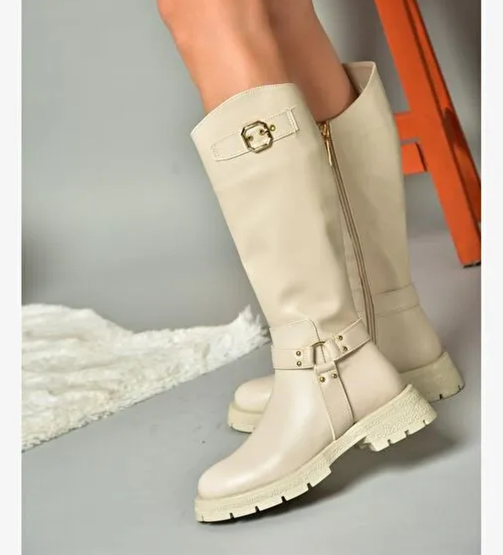 R518296309 Bej Fermuarlı Kadın Çizme - Görsel 1