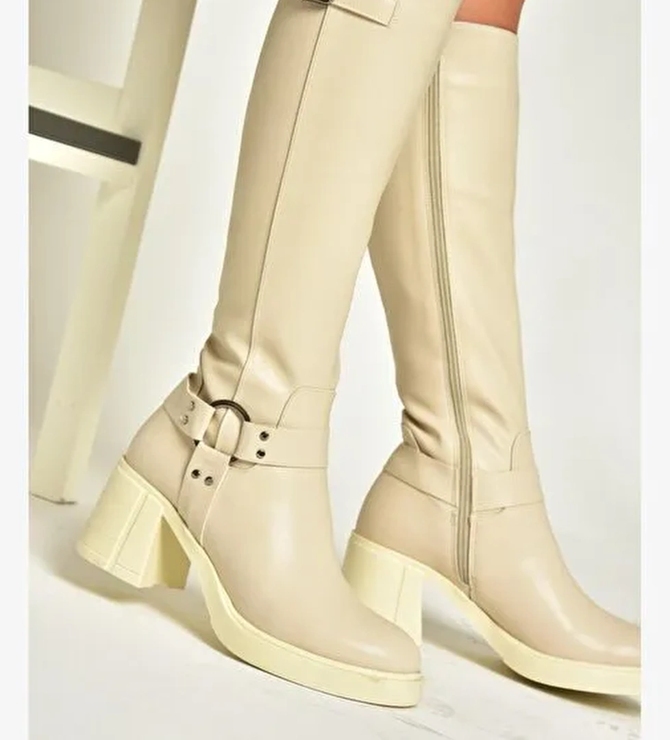 T282832009 Bej Kalın Topuklu Kadın Çizme - Görsel 1