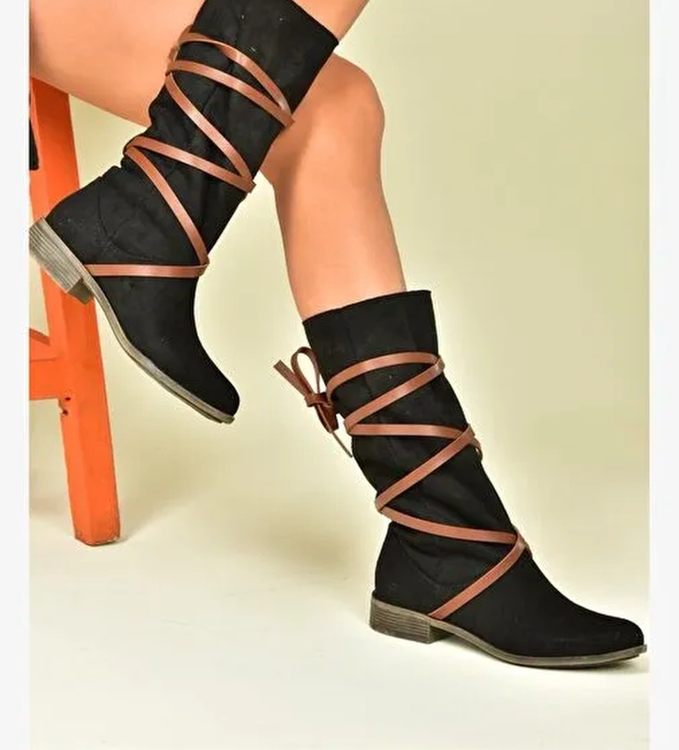 Siyah/Taba Süet Deri Bağlama Detaylı Kadın Çizme N973848002 - Görsel 1