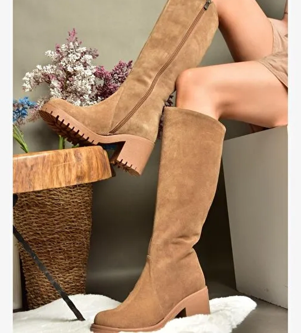 R654047702 Taba Hakiki Deri Süet Kalın Topuklu Kadın Çizme - Görsel 1