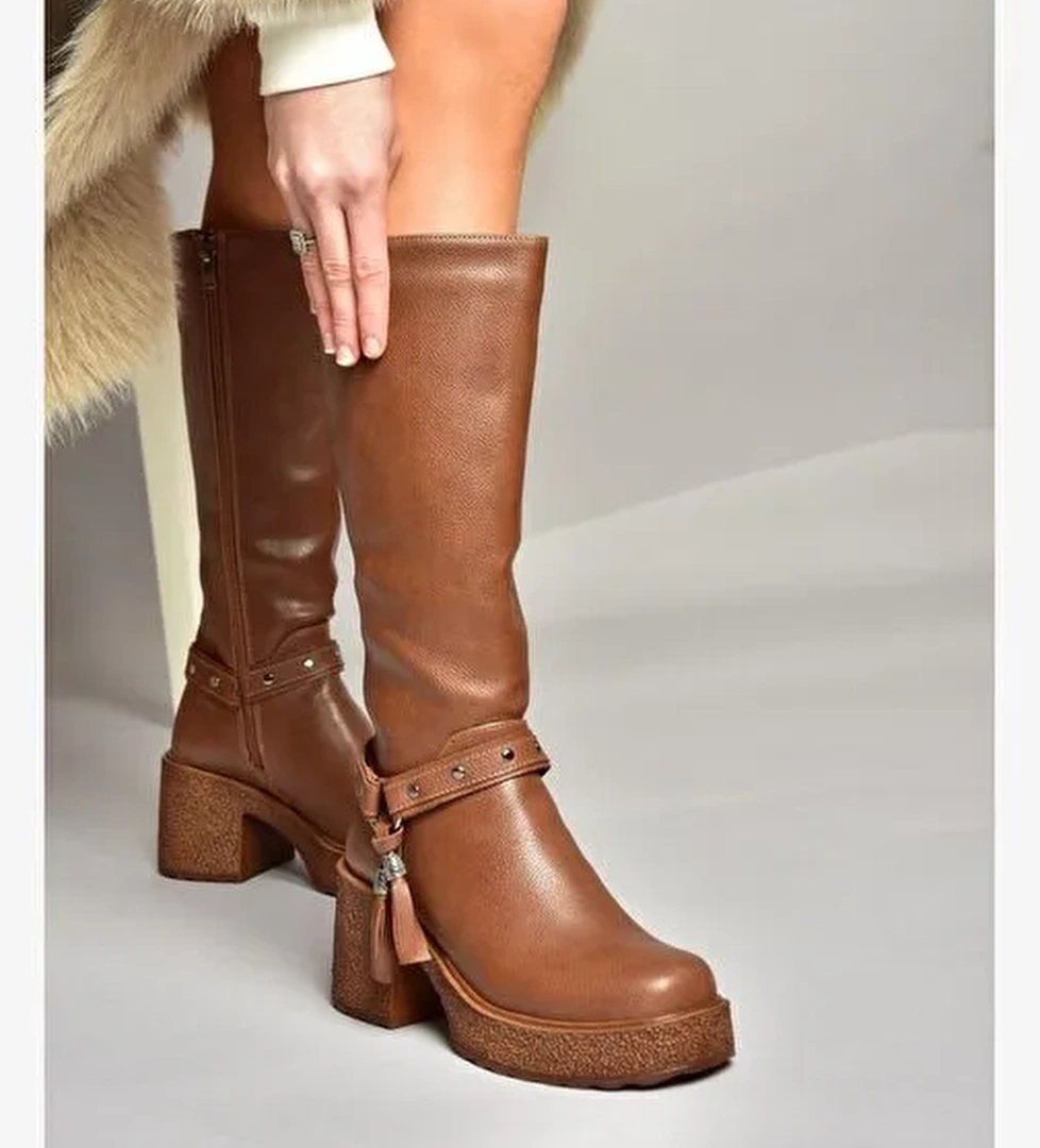 T996224009 Taba Kalın Topuklu Kadın Çizme - Görsel 1