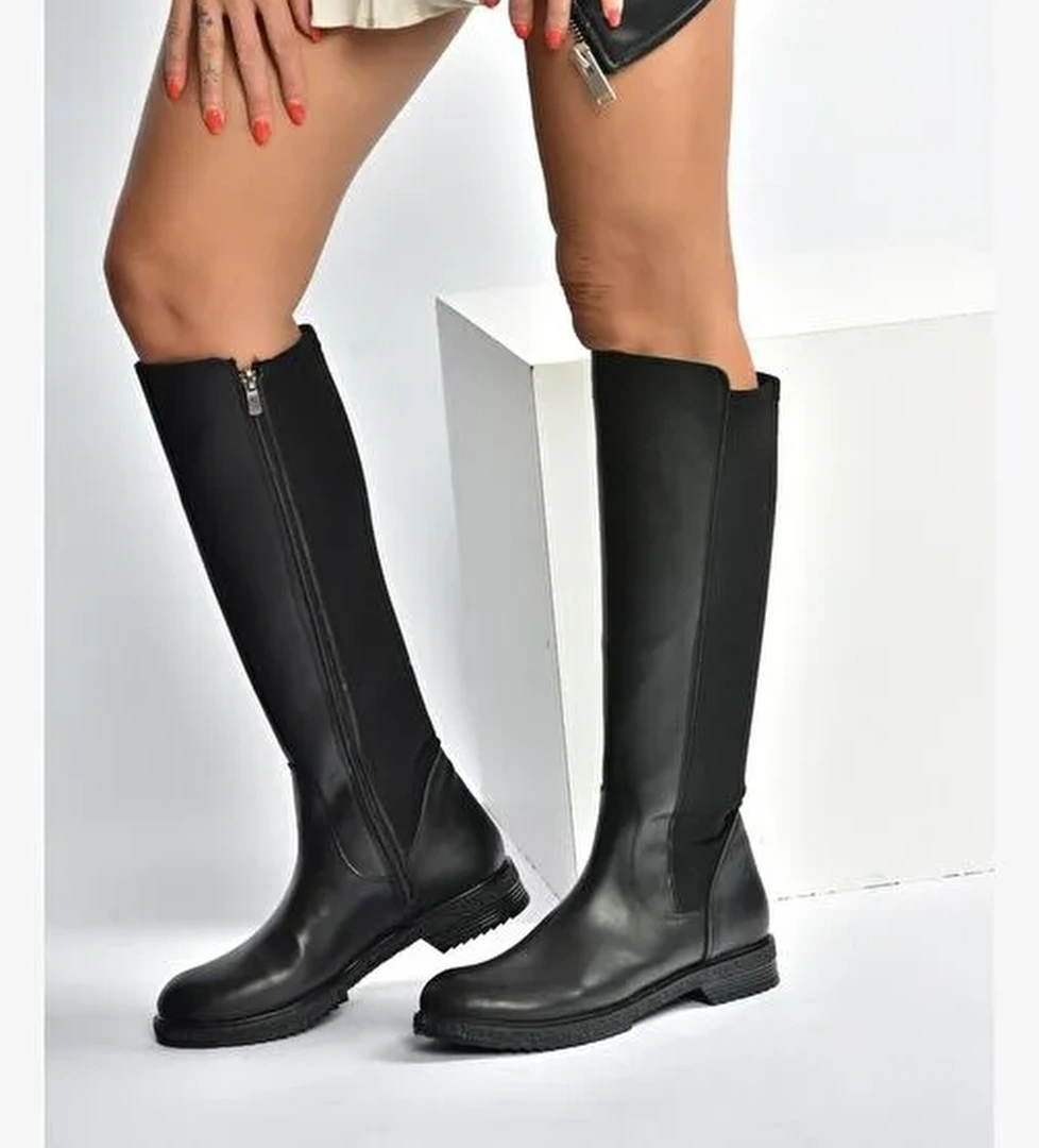 V965010009 Siyah Arkası Dalgıç Kumaş Streç Kadın Çizme - Görsel 1