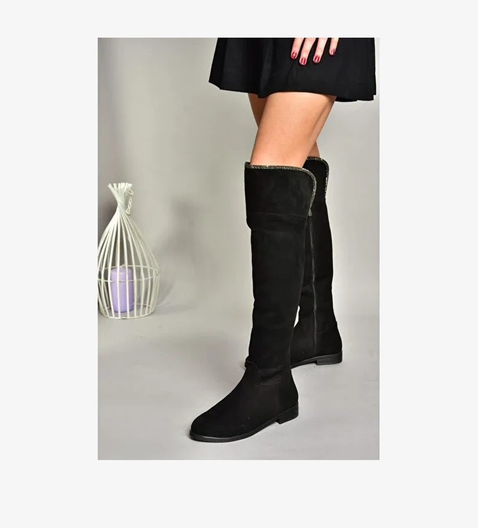 T848643502 Siyah Süet Taş Detaylı Kadın Çizme - Görsel 1