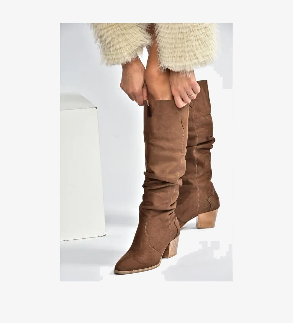 J404040102 Kahverengi Süet Kalın Topuklu Kadın Çizme - Görsel 1