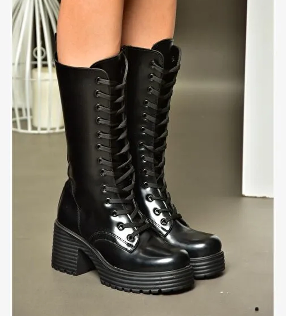 R996021035 Siyah Açma Deri Kalın Topuklu Kadın Postal Çizme - Görsel 1