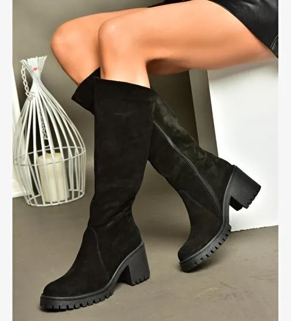 R654047702 Siyah Hakiki Deri Süet Kalın Topuklu Kadın Çizme - Görsel 1