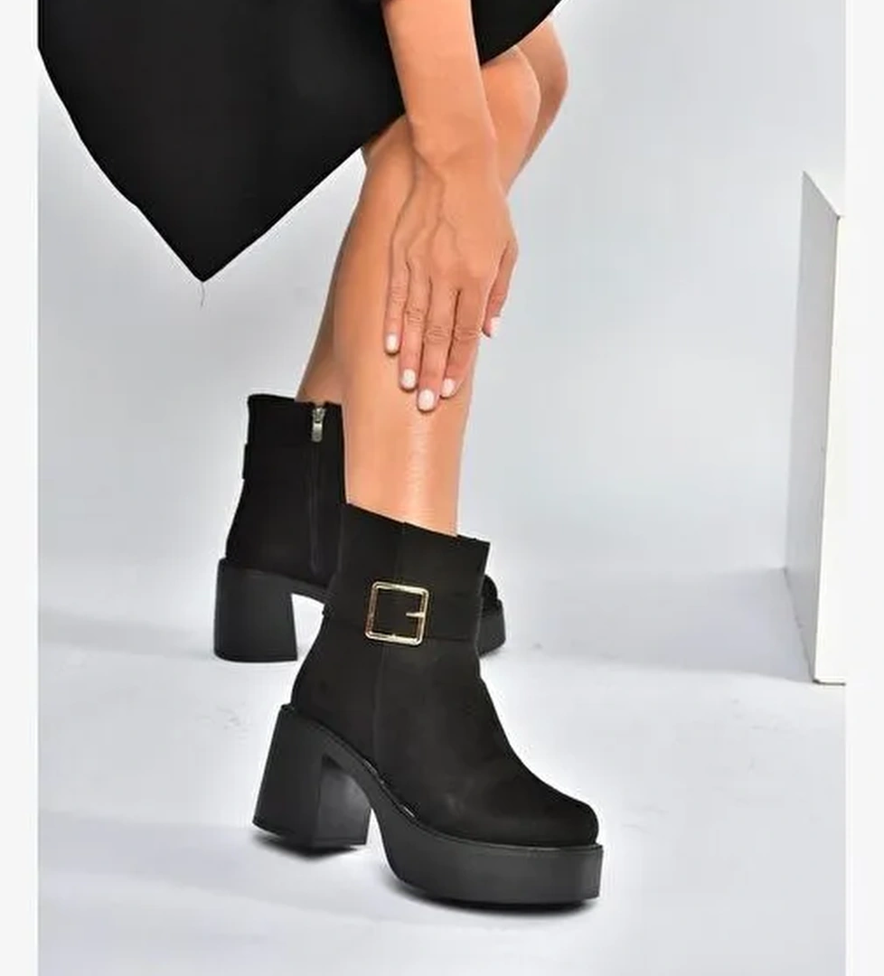 V726446602 Siyah Süet Kalın Topuklu Kadın Bot - Görsel 1