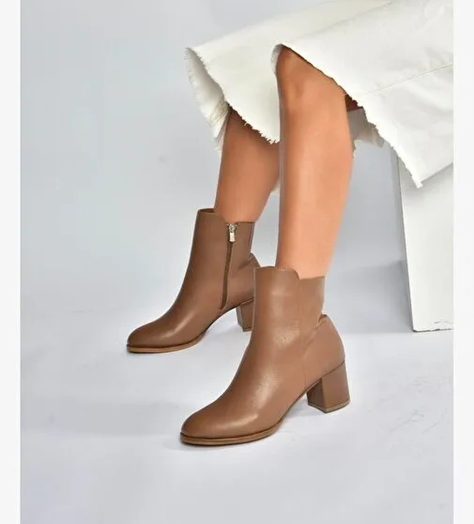 V468581003 Vizon Hakiki Deri Kalın Topuklu Kadın Bot - Görsel 1