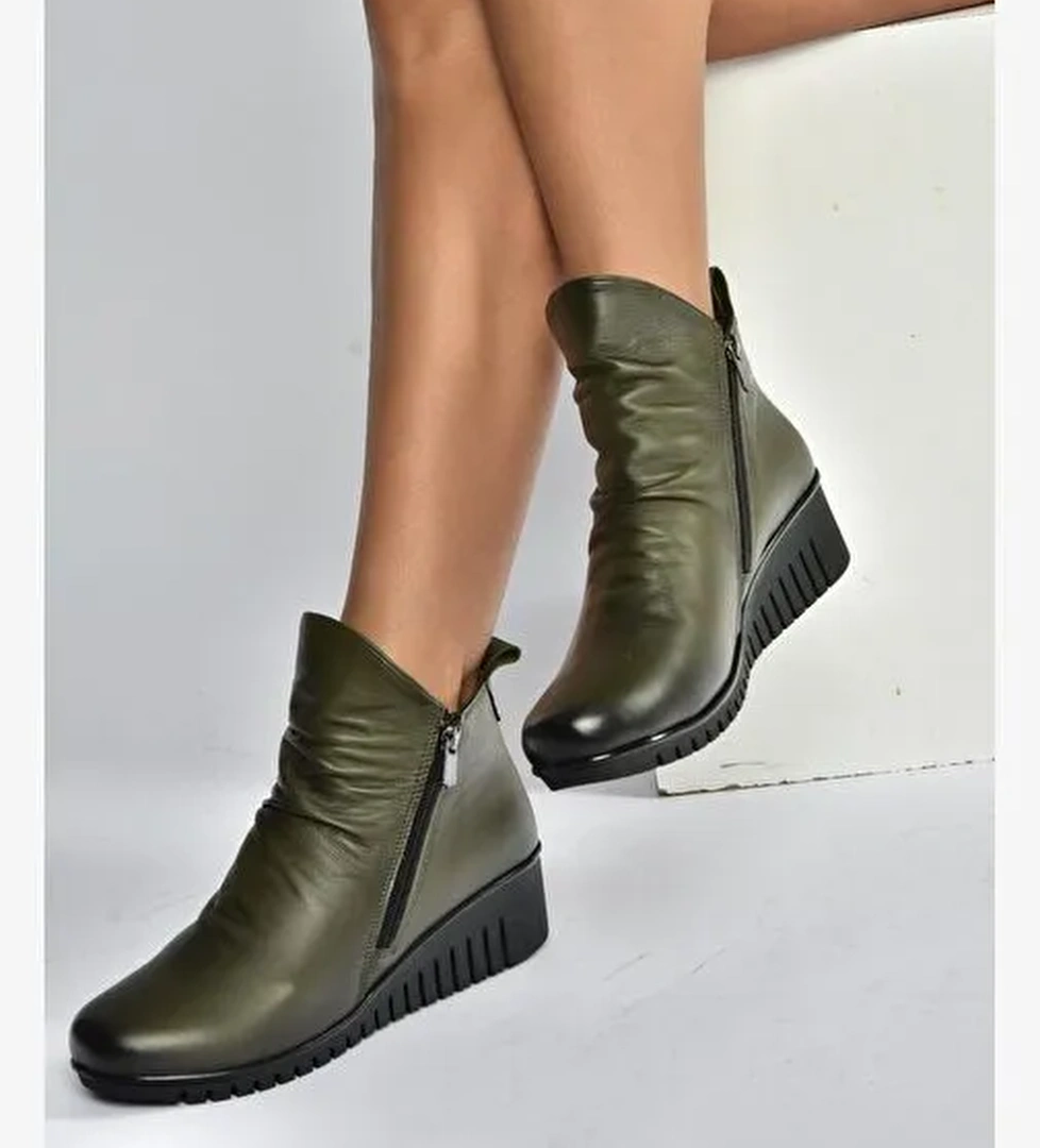 V324200303 Haki Hakiki Deri Dolgu Tabanlı Kadın Bot - Görsel 1