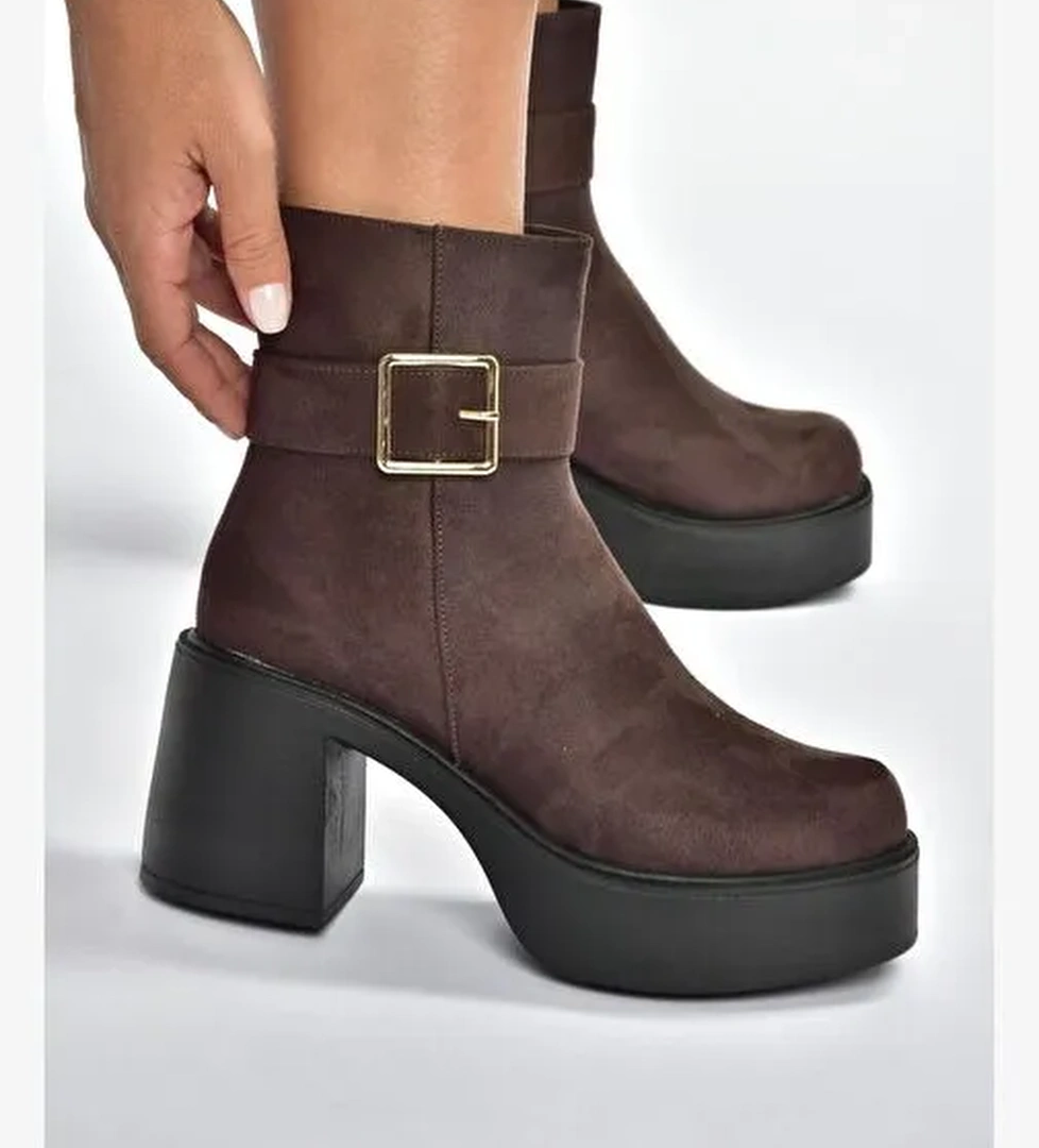 V726446602 Kahverengi Süet Kalın Topuklu Kadın Bot - Görsel 1