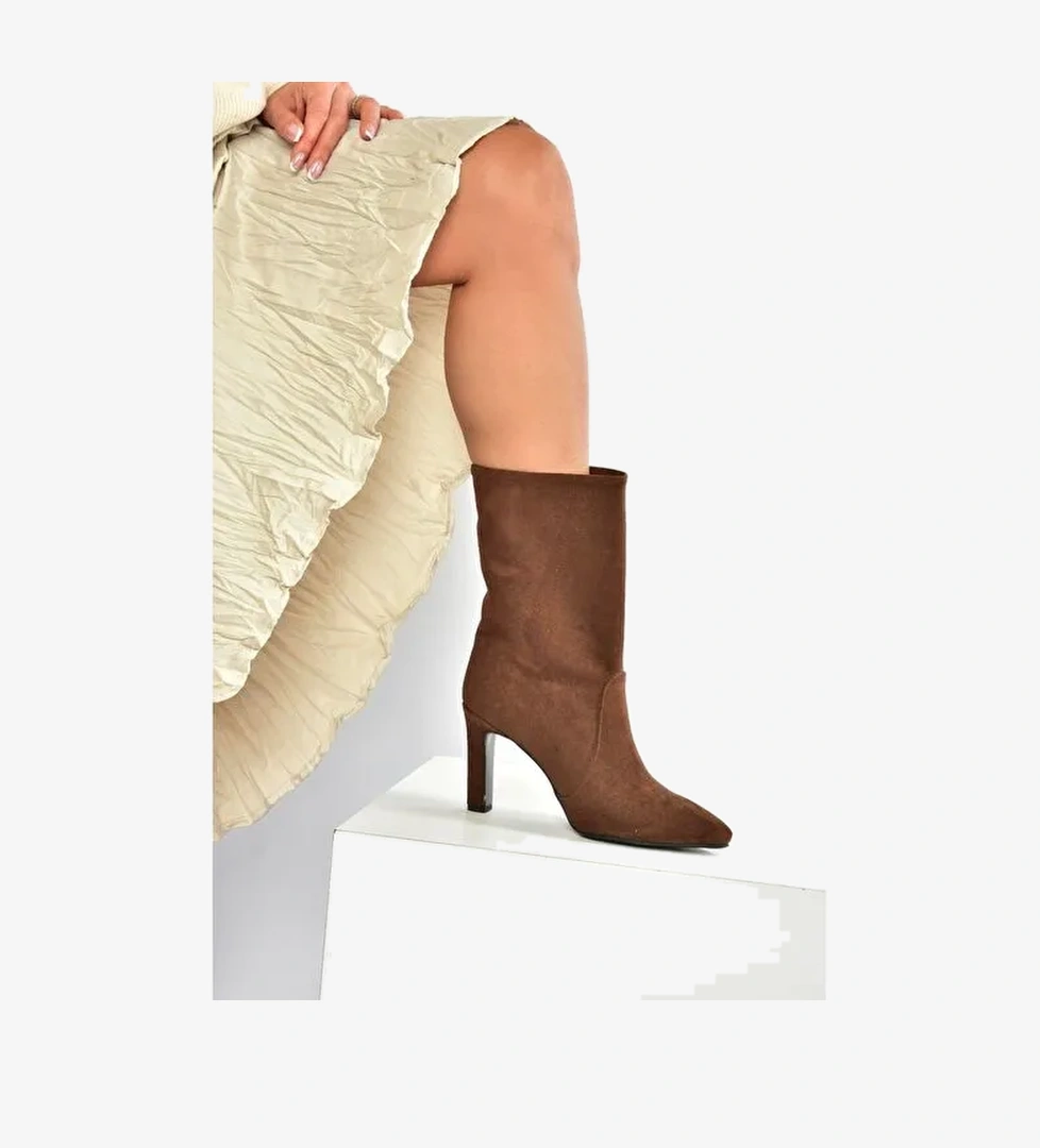 L404891302 Kahverengi Süet İnce Topuklu Kadın Bot - Görsel 1