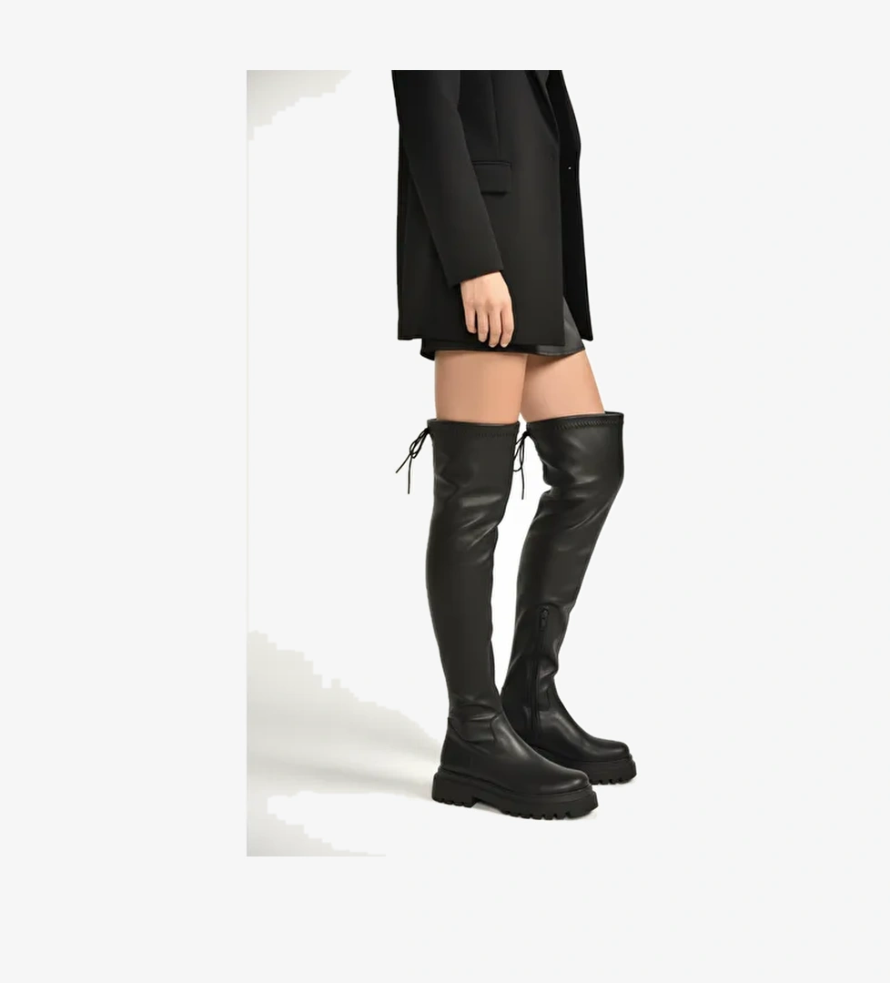 V404602009 Siyah Suni Deri Dizüstü Streç Çorap Çizme - Görsel 1