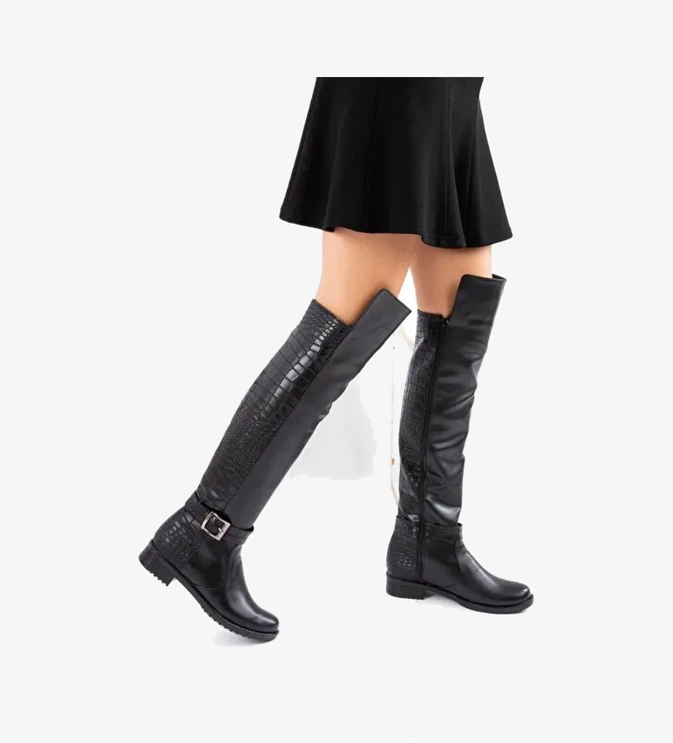 Siyah Kroko Suni Deri Kadın Çizme E726561809 - Görsel 1